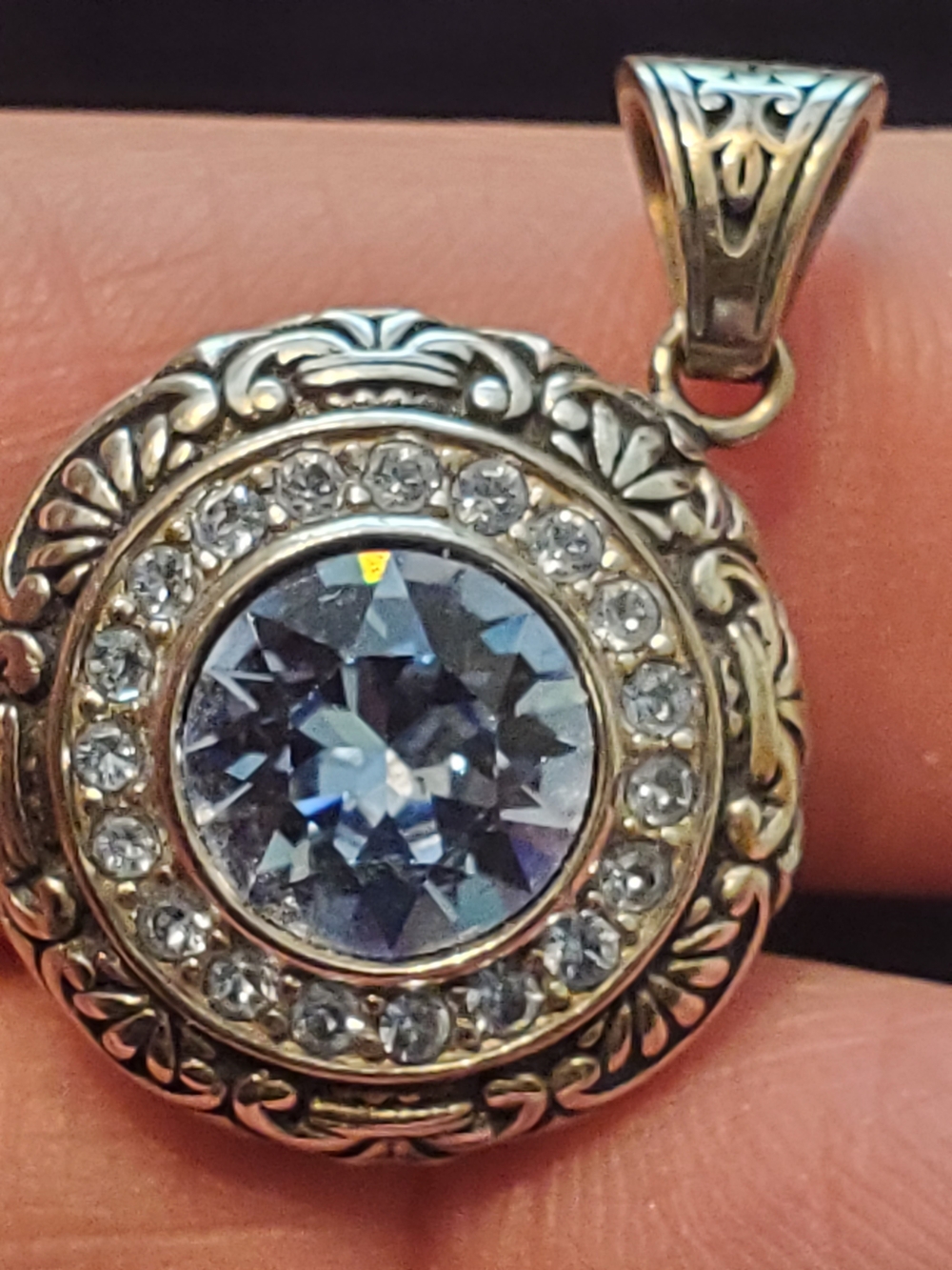 Sterling Silver Blue Crystal Round Pendant Necklace